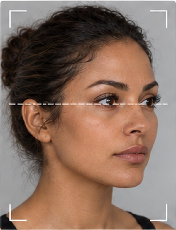 Right oblique view — head rotated about 45 degrees
